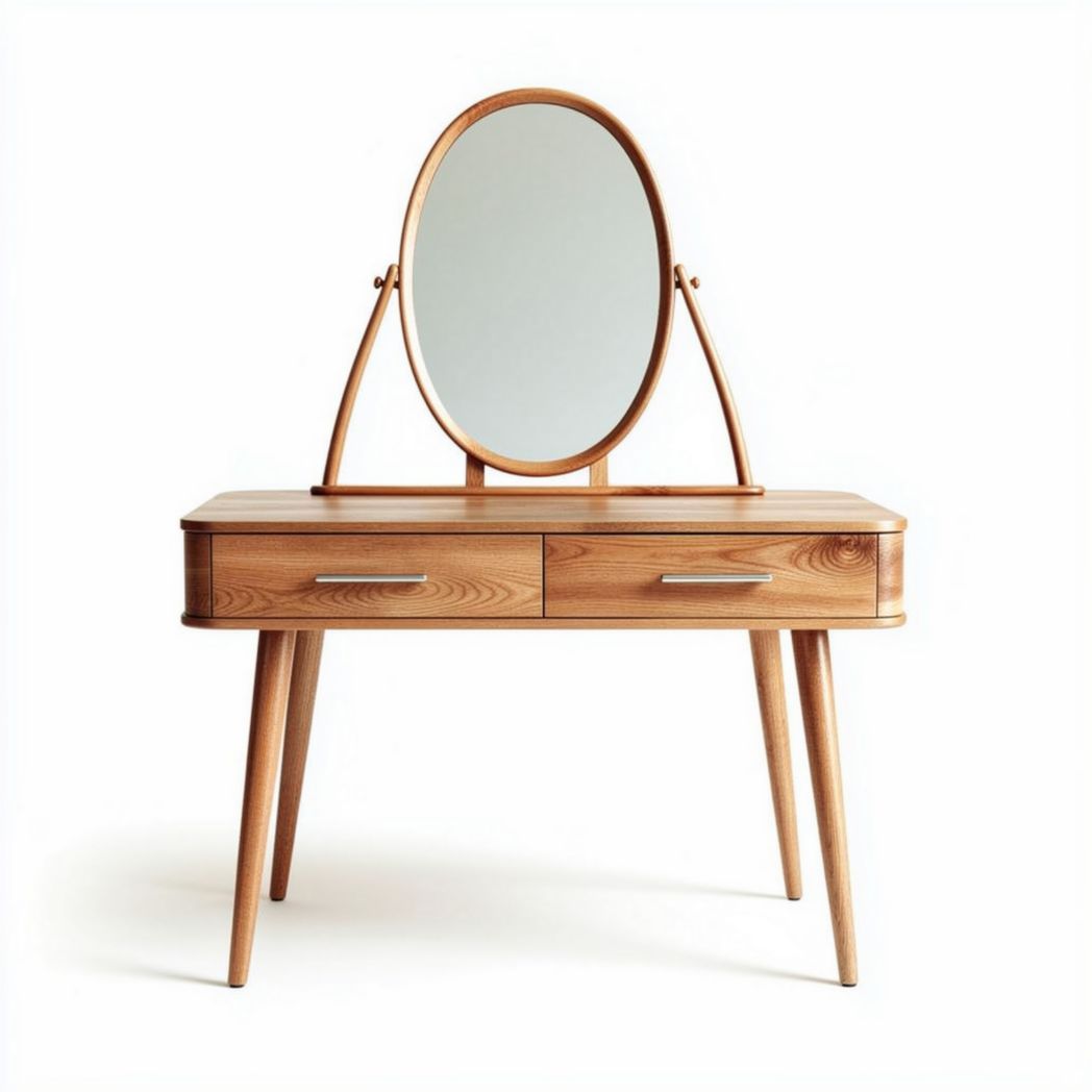 Coiffeuse en bois avec miroir rond et tiroirs 120 x 50 x 75cm