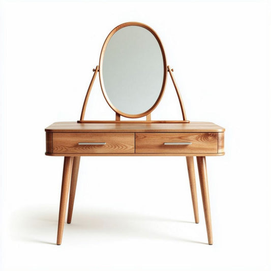 Coiffeuse en bois avec miroir rond et tiroirs 120 x 50 x 75cm
