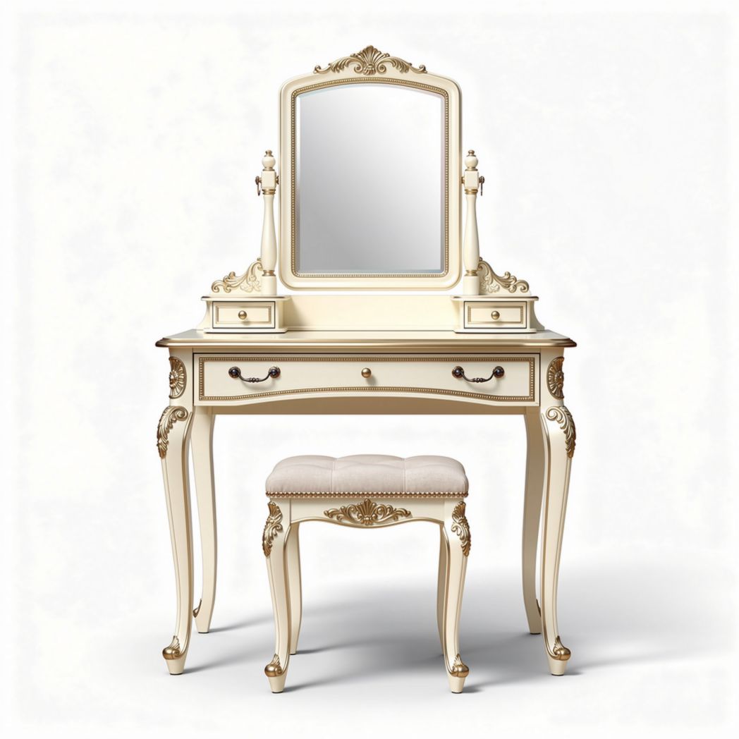 Coiffeuse vintage en bois blanc avec miroir et pouf rembourré 90 x 40 x 75cm
