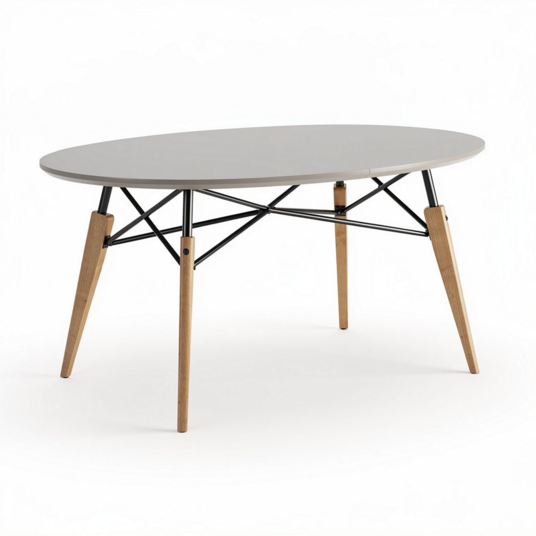 Table ovale en bois et métal avec pieds en hêtre et dimensions 150 x 80 x 75cm