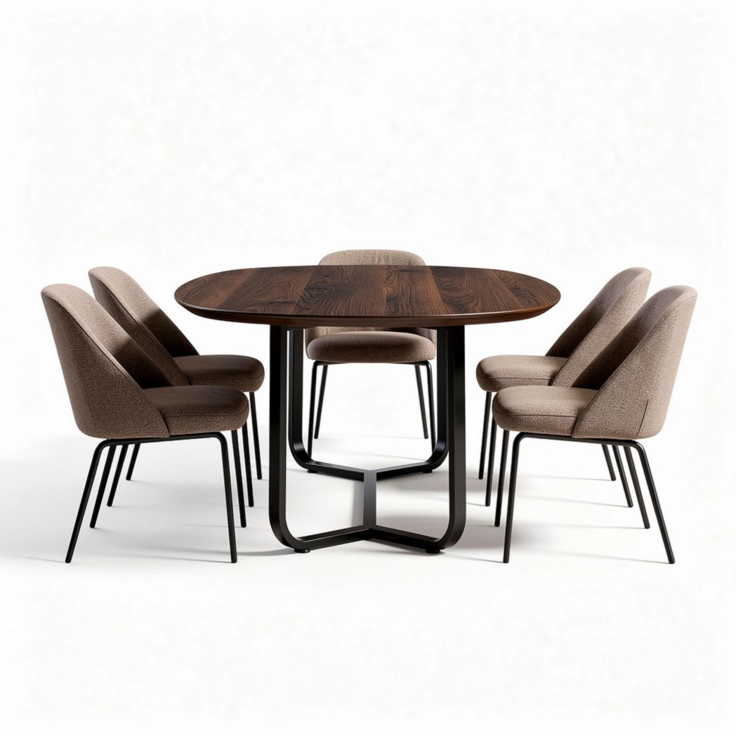 Table ovale en bois noir avec six chaises rembourrées en tissu beige 140 x 90 x 75cm