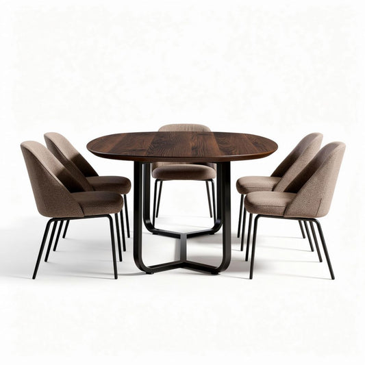 Table ovale en bois noir avec six chaises rembourrées en tissu beige 140 x 90 x 75cm