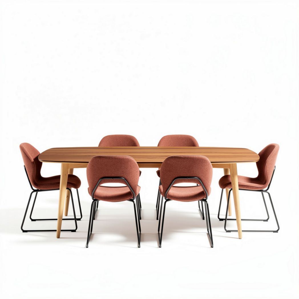 Table rectangulaire en bois avec six chaises en tissu rose 180 x 90 x 75cm