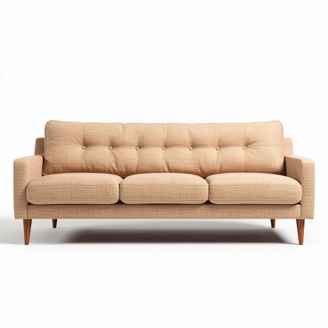 Canapé en tissu beige à trois places dimensions 200 x 90 x 80cm avec pieds en bois