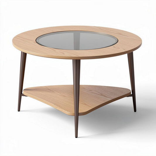 Table basse ronde en bois avec plateau en verre de 80 x 80 x 45 cm