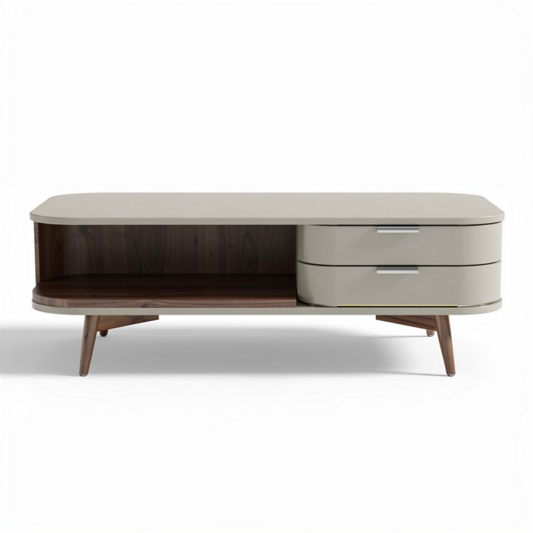 Table basse moderne en bois et laque beige 150 x 50 x 45cm avec tiroirs