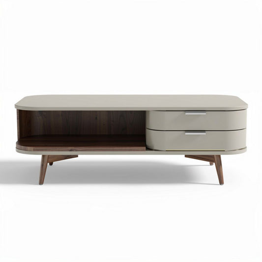 Table basse moderne en bois et laque beige 150 x 50 x 45cm avec tiroirs